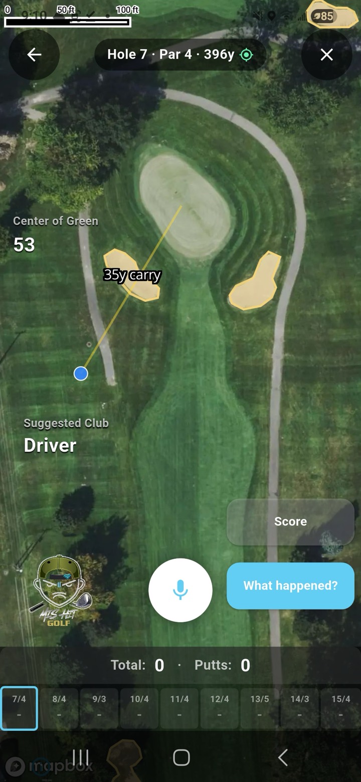 MisHit hole overview on a real satellite map — Hole 7, par 4, 396 yards, showing the fairway and green with 53 yards to center, a 35-yard carry line, suggested club Driver, and the caddy mascot