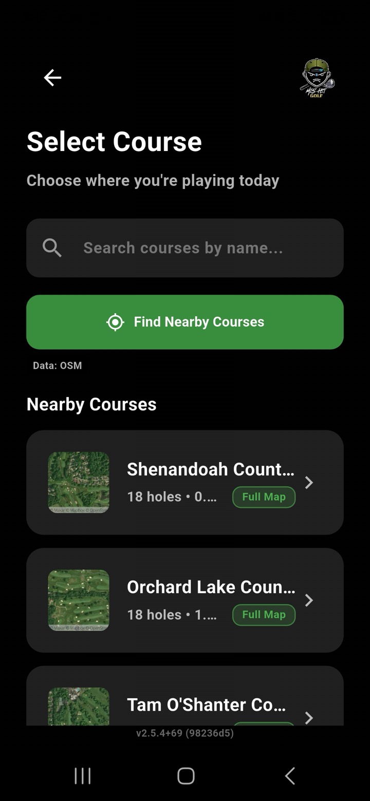 MisHit Select Course screen — a search box, a Find Nearby Courses button, and a list of nearby courses with satellite thumbnails