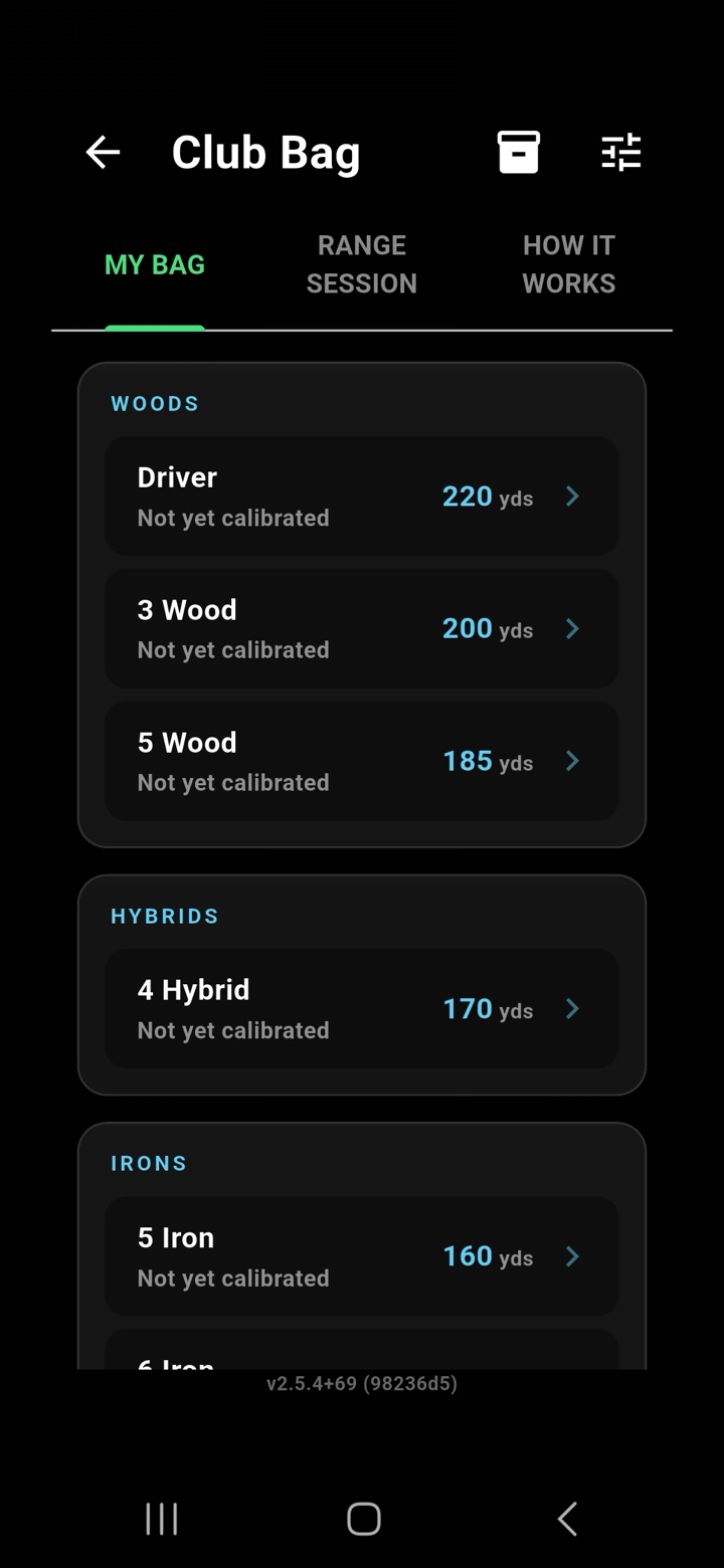 MisHit Club Bag screen, My Bag tab — per-club carry distances including Driver 220 yds, 3 Wood 200 yds, 5 Wood 185 yds, 4 Hybrid 170 yds, and 5 Iron 160 yds
